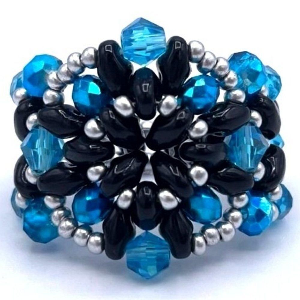 Jet Black with Silver and Blue Sapphire Crystal Beaded Statement Ring Size 7
